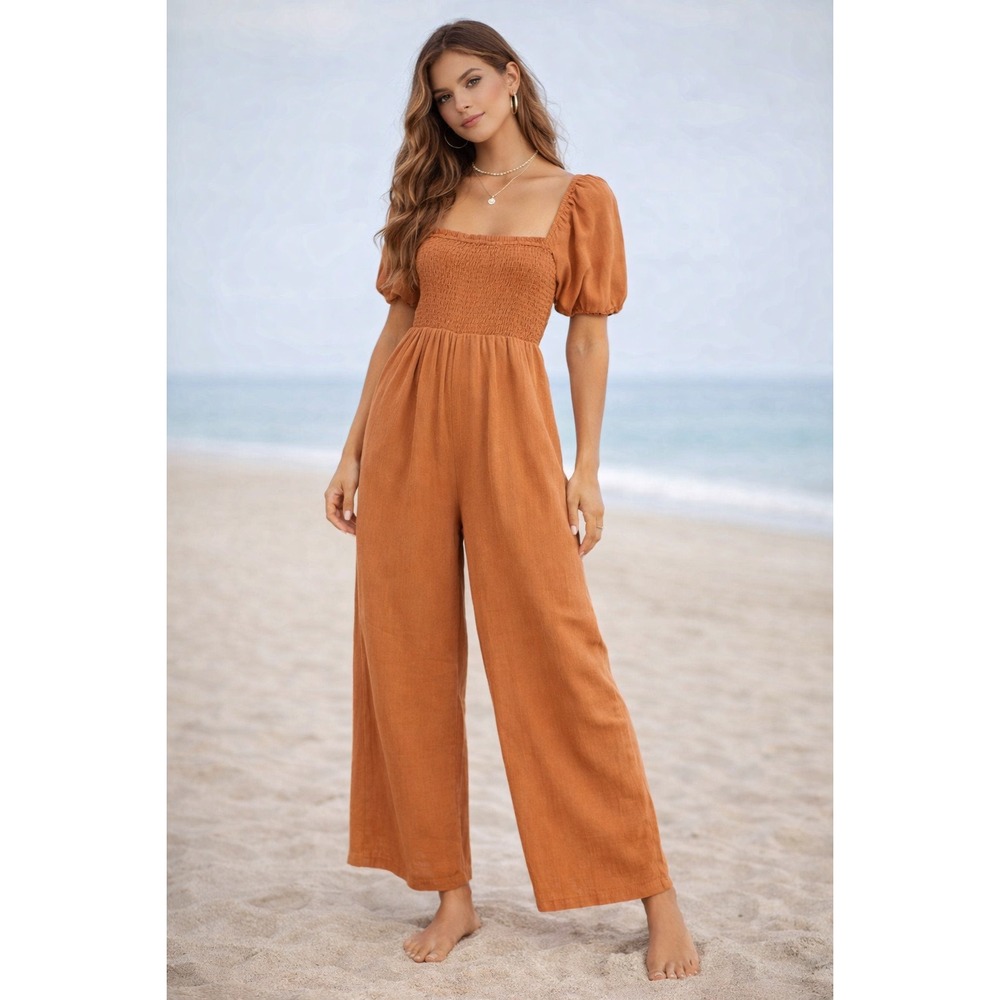 Billabong Spice Cotton Gauze Smocked Wide Leg Jumpsuit Medium Boho Beachy Resort